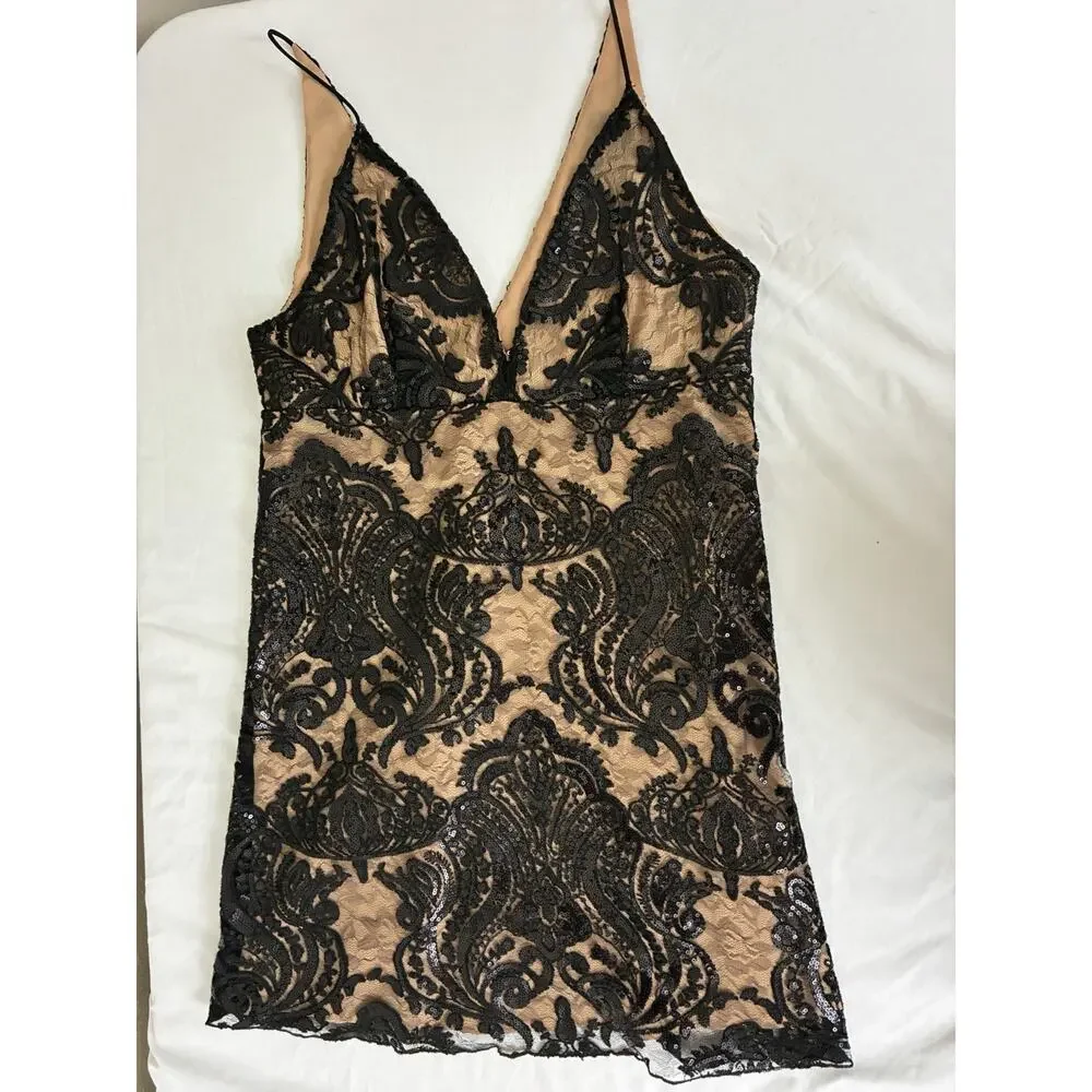 Free People Night Shimmers Sequin Mini Dress - Black Lace & Nude Slip Size 8